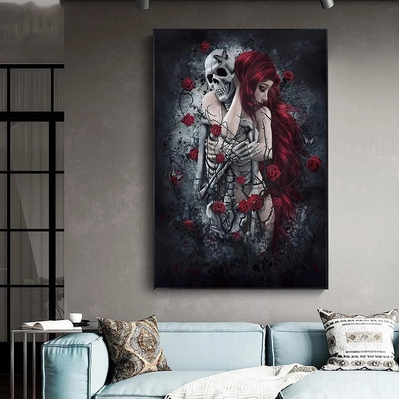 Skull Wall Art Painting Red Rose Canvas Picture Long-Haired Woman Poster and Print for Home Interior Decor Frameless Wall Print - DomesticWorx