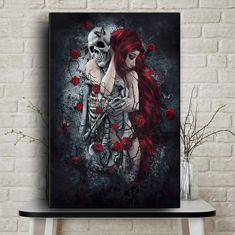 Skull Wall Art Painting Red Rose Canvas Picture Long-Haired Woman Poster and Print for Home Interior Decor Frameless Wall Print - DomesticWorx