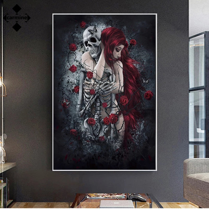 Skull Wall Art Painting Red Rose Canvas Picture Long-Haired Woman Poster and Print for Home Interior Decor Frameless Wall Print - DomesticWorx