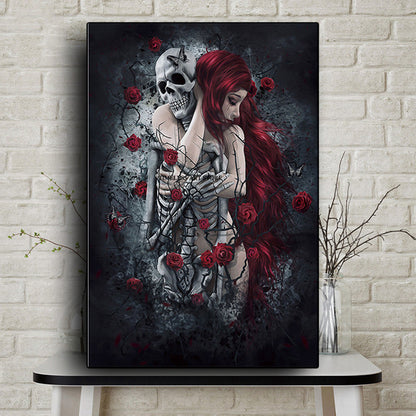 Skull Wall Art Painting Red Rose Canvas Picture Long-Haired Woman Poster and Print for Home Interior Decor Frameless Wall Print - DomesticWorx